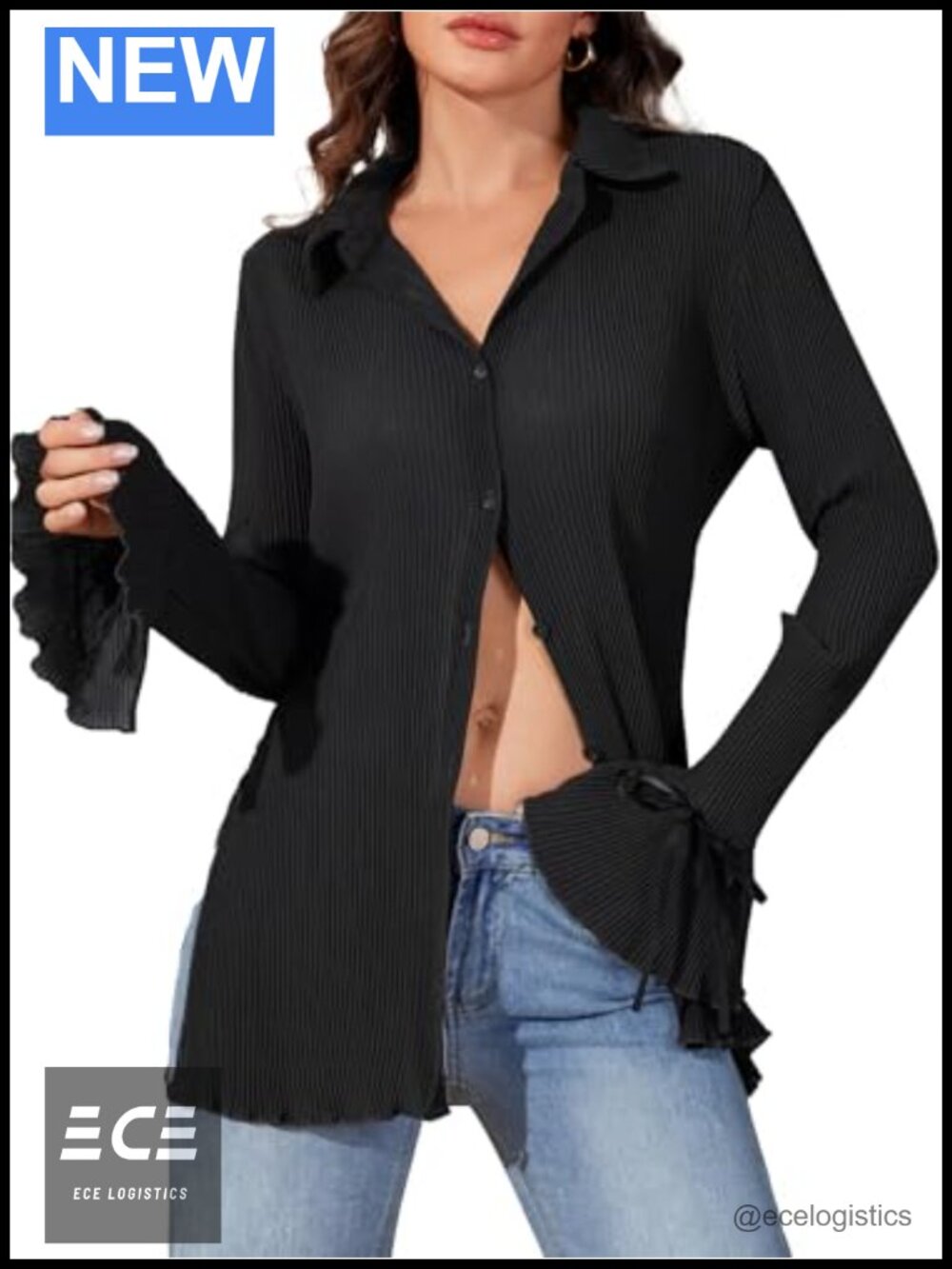 Women's Long Sleeve Button Down Blouse Bell Sleeve Bow Tie Cuff V Neck Top